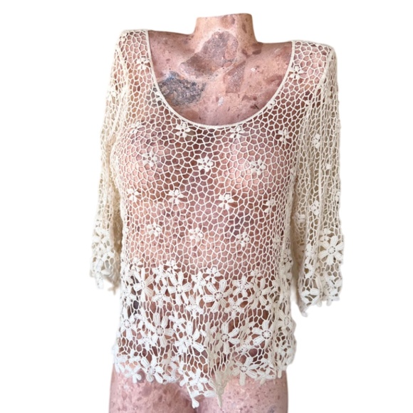 Crochet Sheer Floral Lace Off White Top - Picture 2 of 7